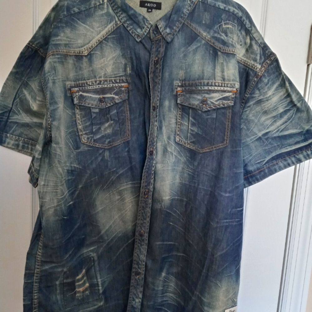 Akoo 4xl denim short sleeve button up shirt